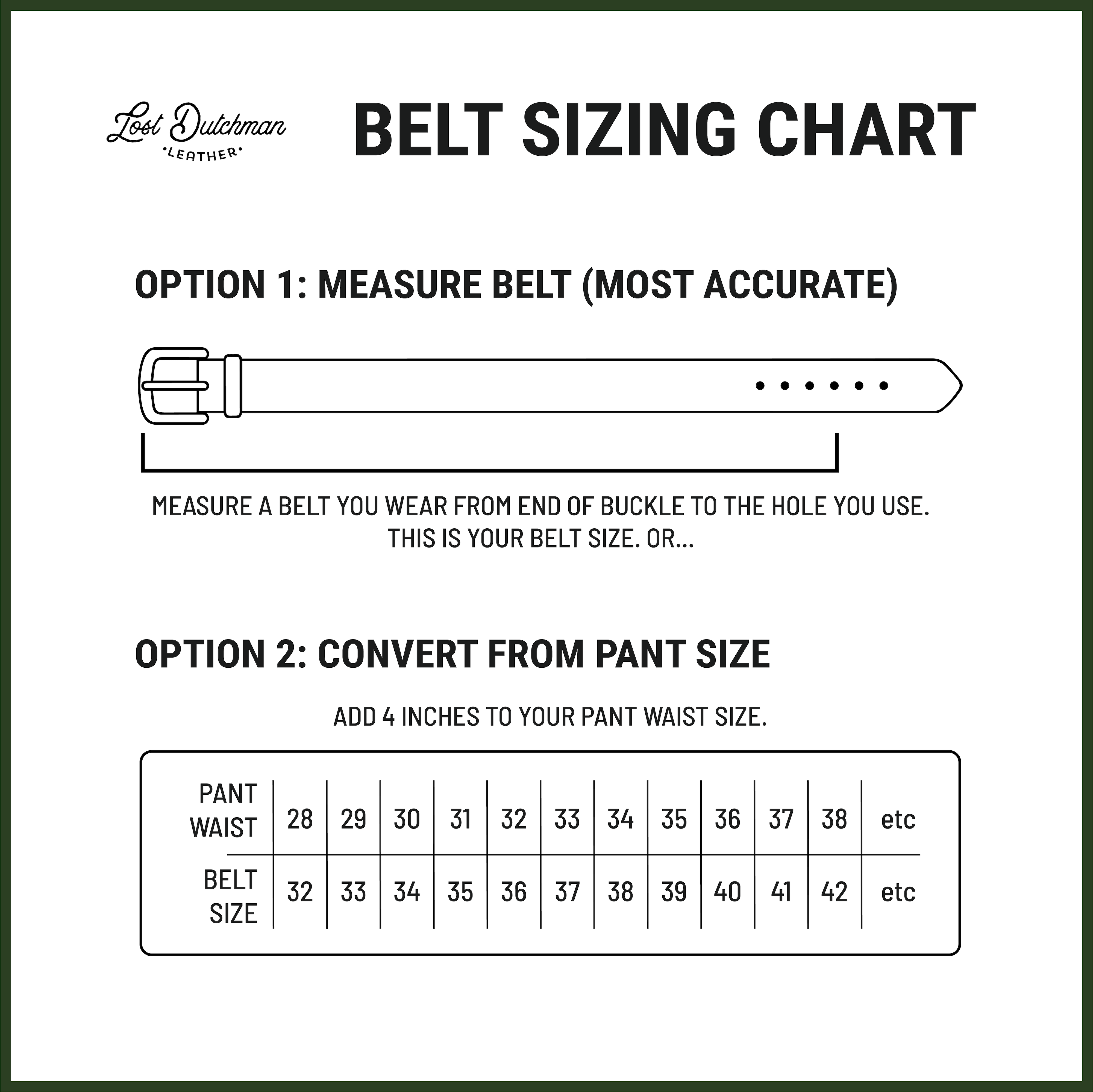 Belt sizing chart for Lost Dutchman Leather with measurement instructions and a conversion table.